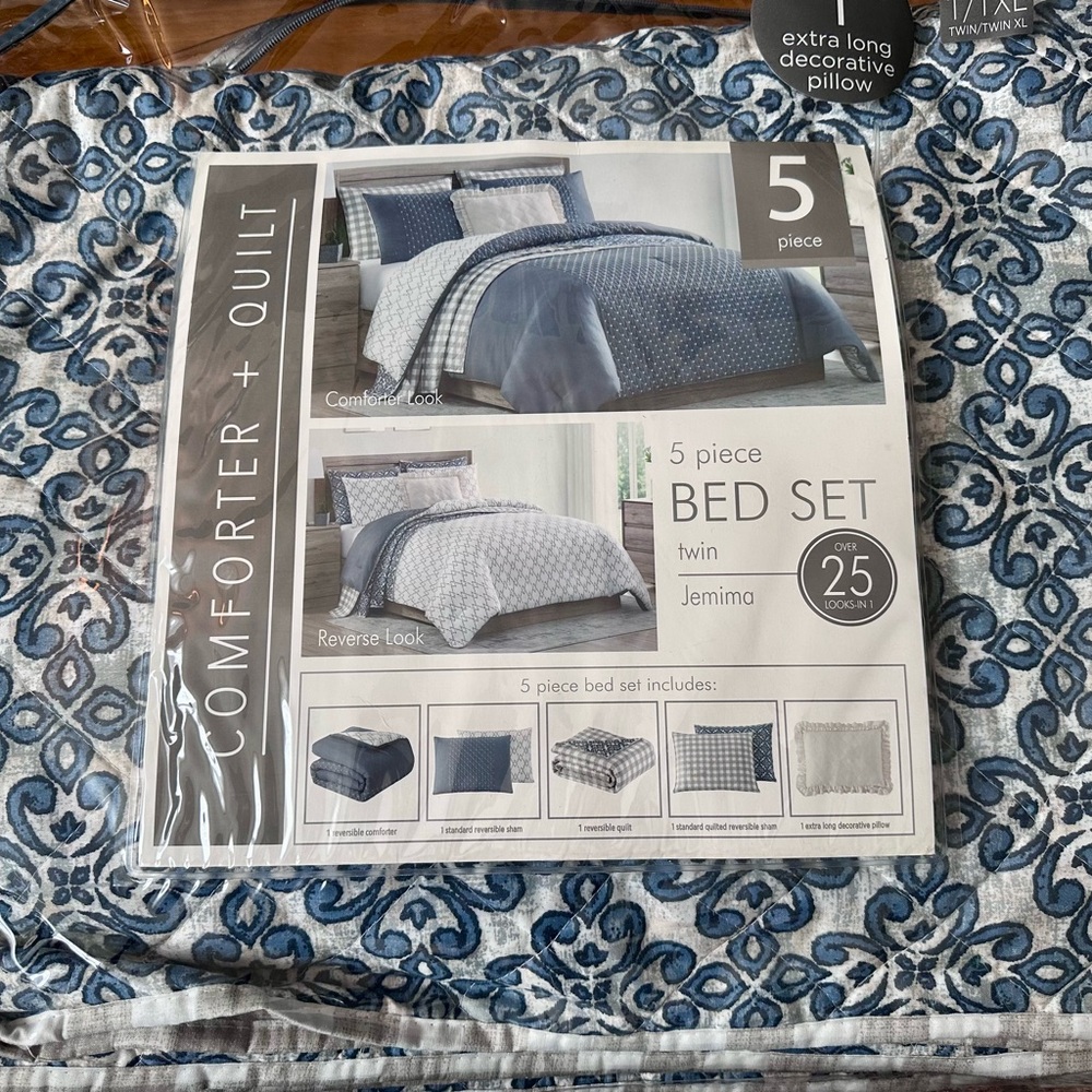 Reversible Comforter and Quilt Bedding Set-Blue, White, Taupe Pattern-Twin/T-XL